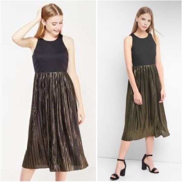GAP Black Ponte & Gold Metallic Pleated Midi Dress - Picture 2 of 8